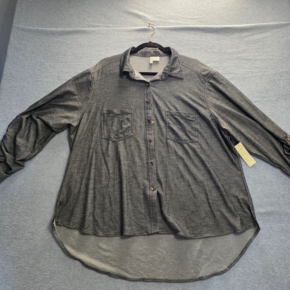 Passport Women 3X‎ Black Roll Tab Sleeve Button Up Shirt High Low Hem B3845X